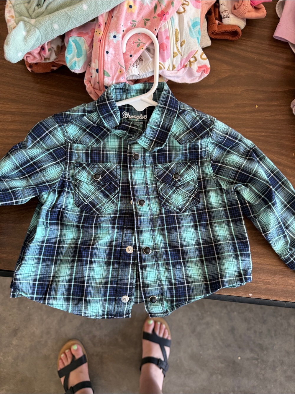 Wrangler Mint Green and Navy Blue Plaid Kids Button-Up Shirt